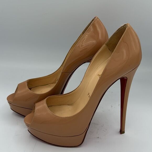 Christian Louboutin Beige Patent Leather Lady Peep Toe Platform Pumps Size 40.5 - Picture 7 of 14